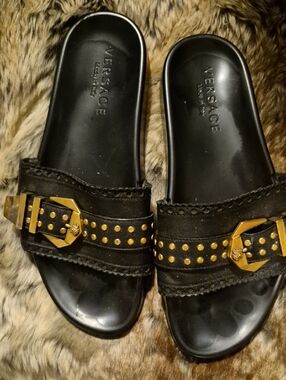 Versace Black Slides with Gold Stud and Buckle Detail